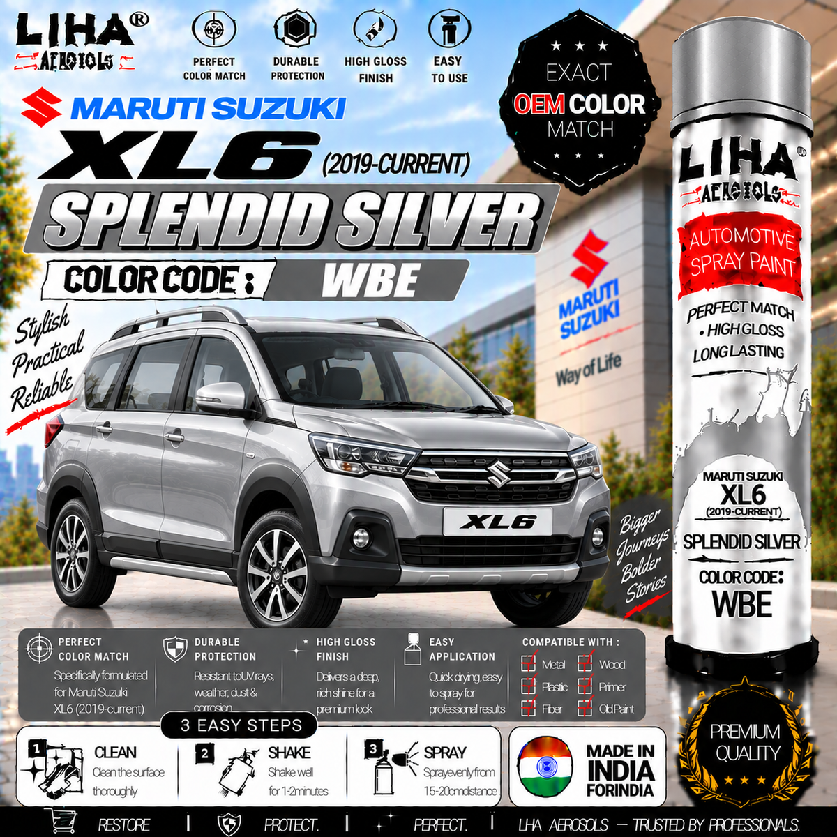 Maruti Suzuki XL6 Splendid Silver Touch Up Spray Paint – OEM Color Match | LIHA Aerosols 500ml