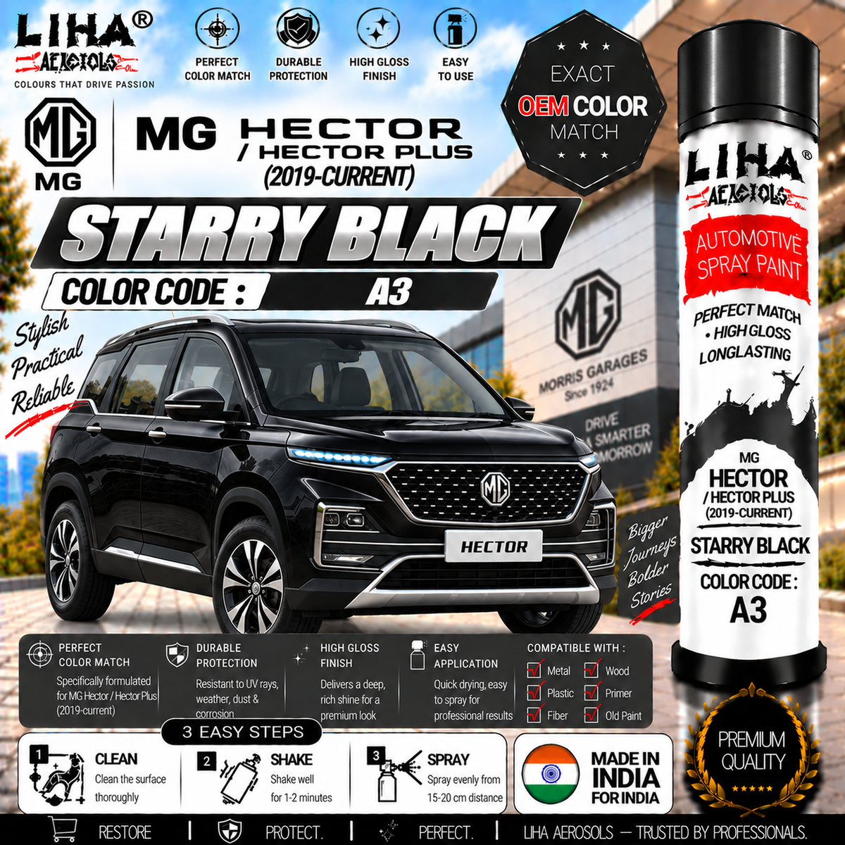 MG Hector / Hector Plus Starry Black Touch Up Spray Paint – OEM Color Match | LIHA Aerosols 500ml