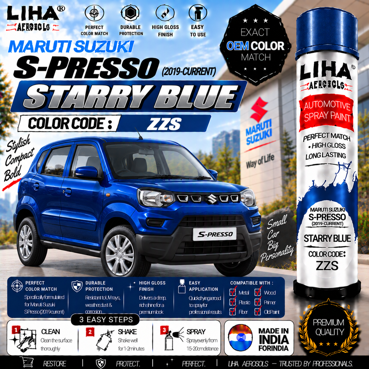 Maruti Suzuki S-Presso Starry Blue Touch Up Spray Paint – OEM Color Match | LIHA Aerosols 500ml