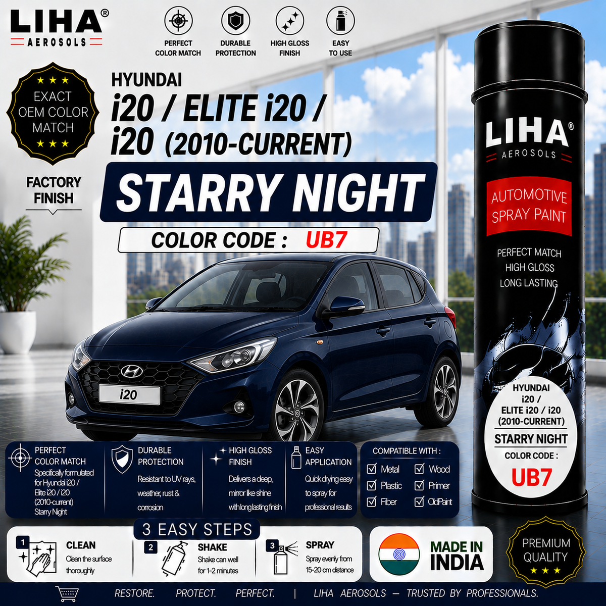 Hyundai i20 / Elite i20 / i20 Starry Night Touch Up Spray Paint – OEM Color Match | LIHA Aerosols 500ml