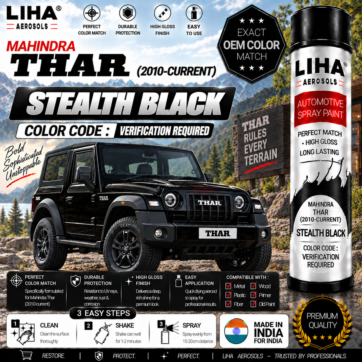 Mahindra Thar Stealth Black Touch Up Spray Paint – OEM Color Match | LIHA Aerosols 500ml