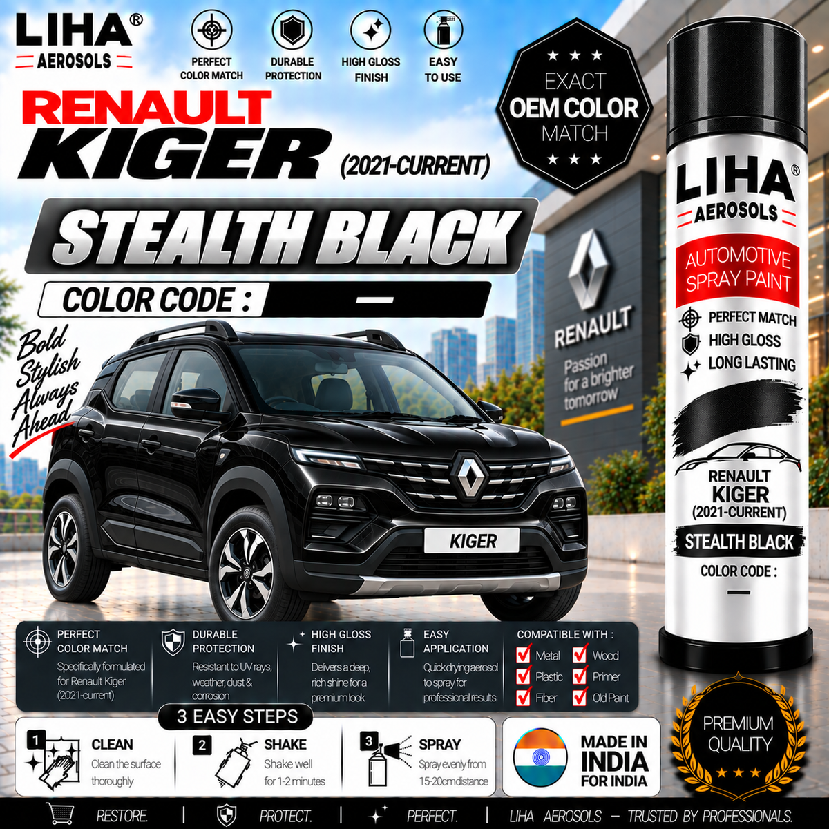 Renault Kiger Stealth Black Touch Up Spray Paint – OEM Color Match | LIHA Aerosols 500ml