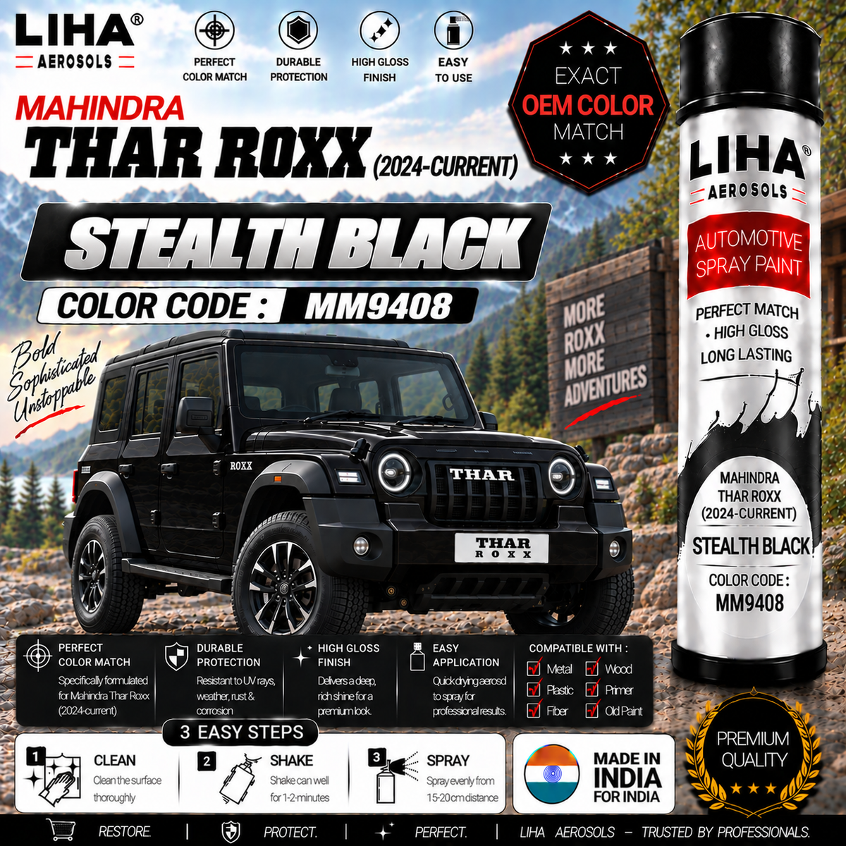 Mahindra Thar Roxx Stealth Black Touch Up Spray Paint – OEM Color Match | LIHA Aerosols 500ml