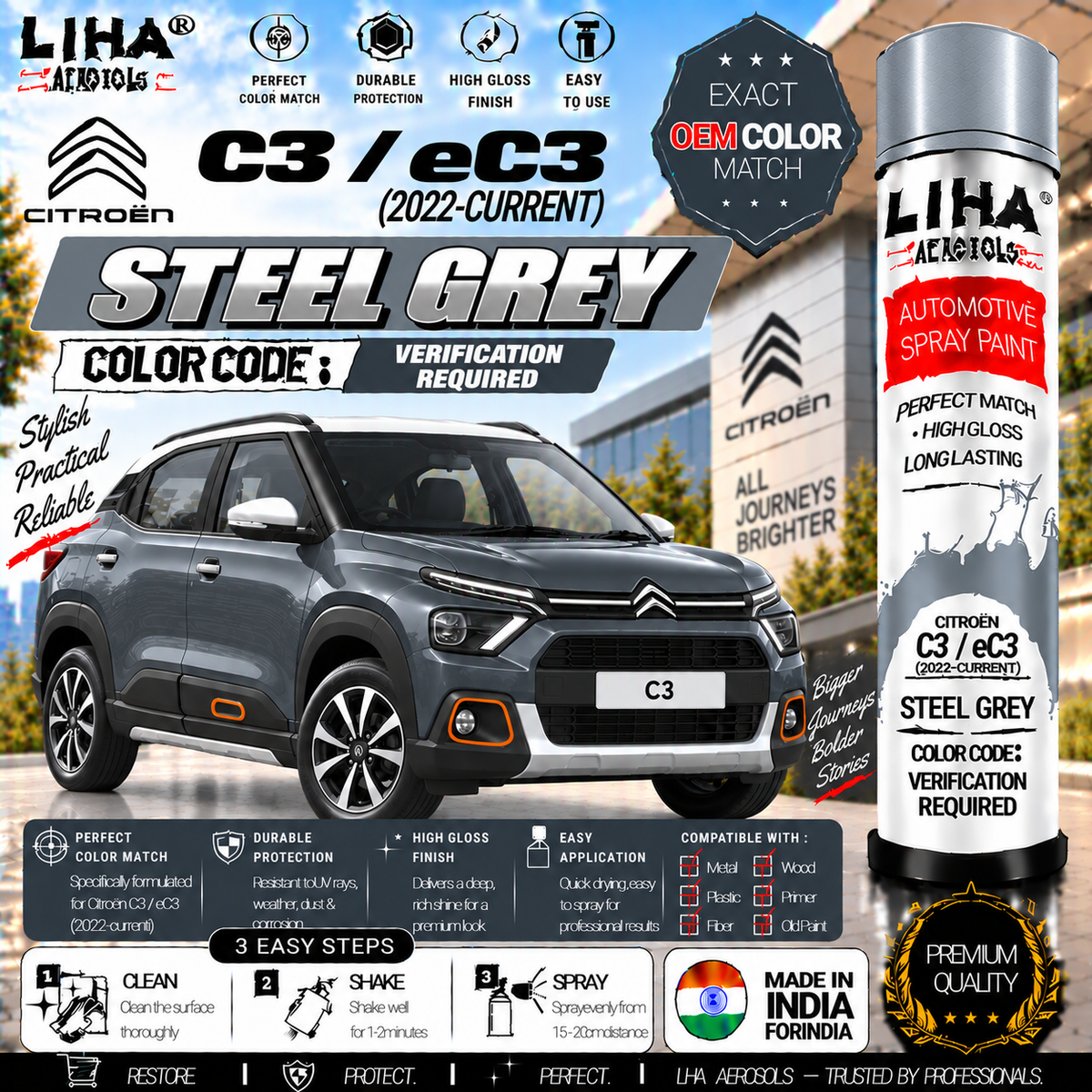 Citroen C3 / eC3 Steel Grey Touch Up Spray Paint – OEM Color Match | LIHA Aerosols 500ml
