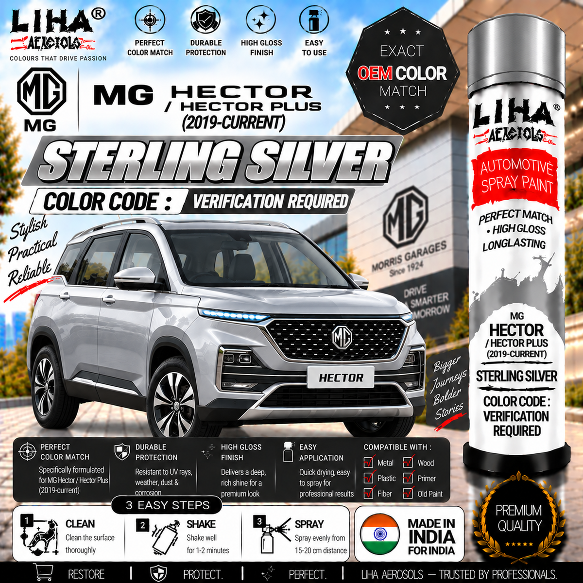 MG Hector / Hector Plus Sterling Silver Touch Up Spray Paint – OEM Color Match | LIHA Aerosols 500ml