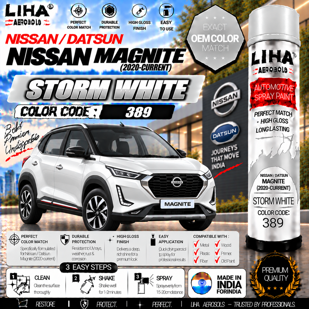 Nissan Magnite Storm White Touch Up Spray Paint – OEM Color Match | LIHA Aerosols 500ml