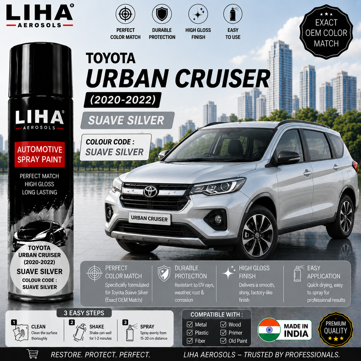 Toyota Urban Cruiser Suave Silver Touch Up Spray Paint – OEM Color Match | LIHA Aerosols 500ml