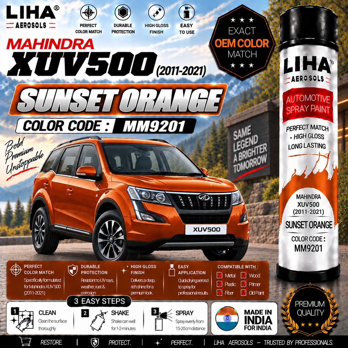 Mahindra XUV500 Sunset Orange Touch Up Spray Paint – OEM Color Match | LIHA Aerosols 500ml