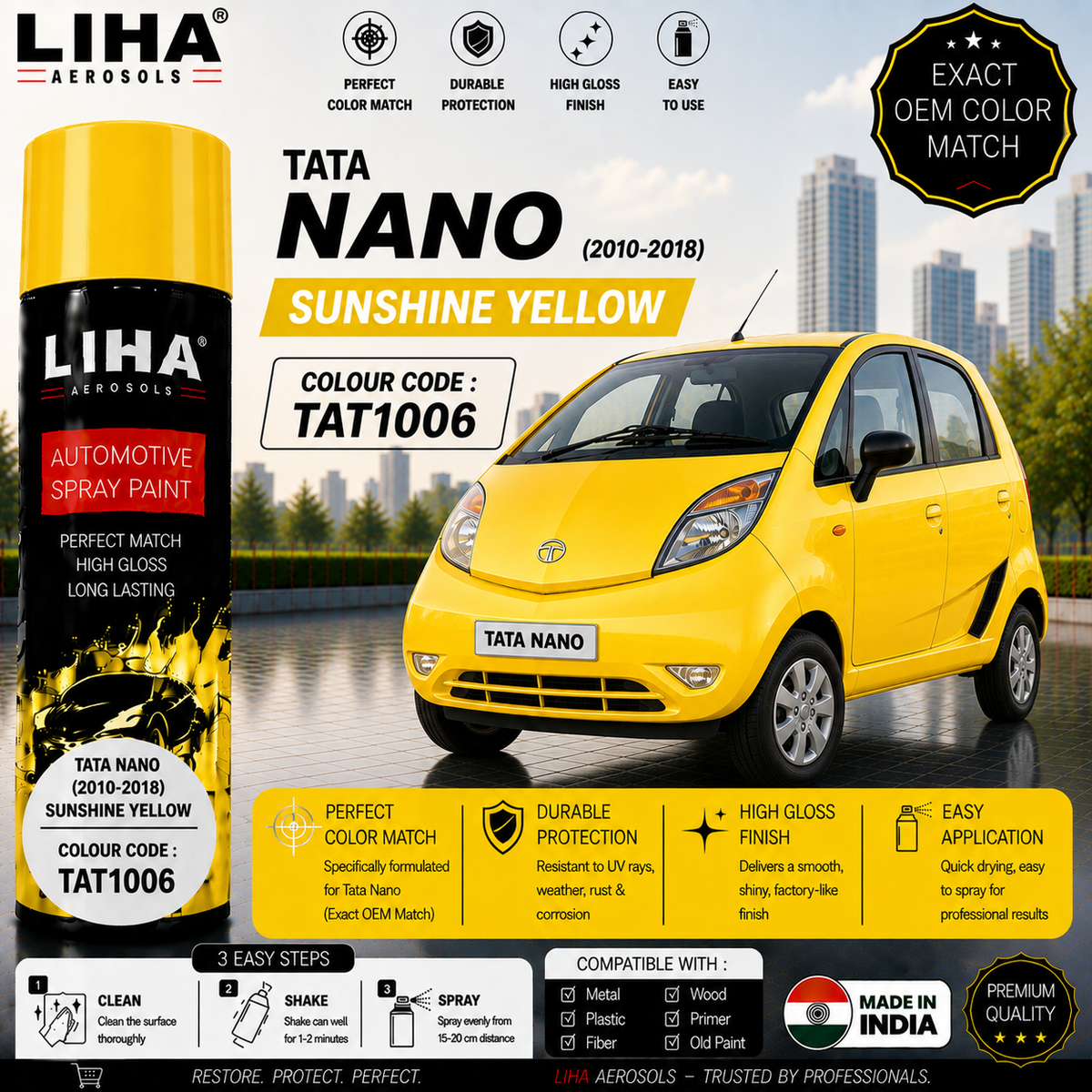 Tata Nano Sunshine Yellow Touch Up Spray Paint – OEM Color Match | LIHA Aerosols 500ml