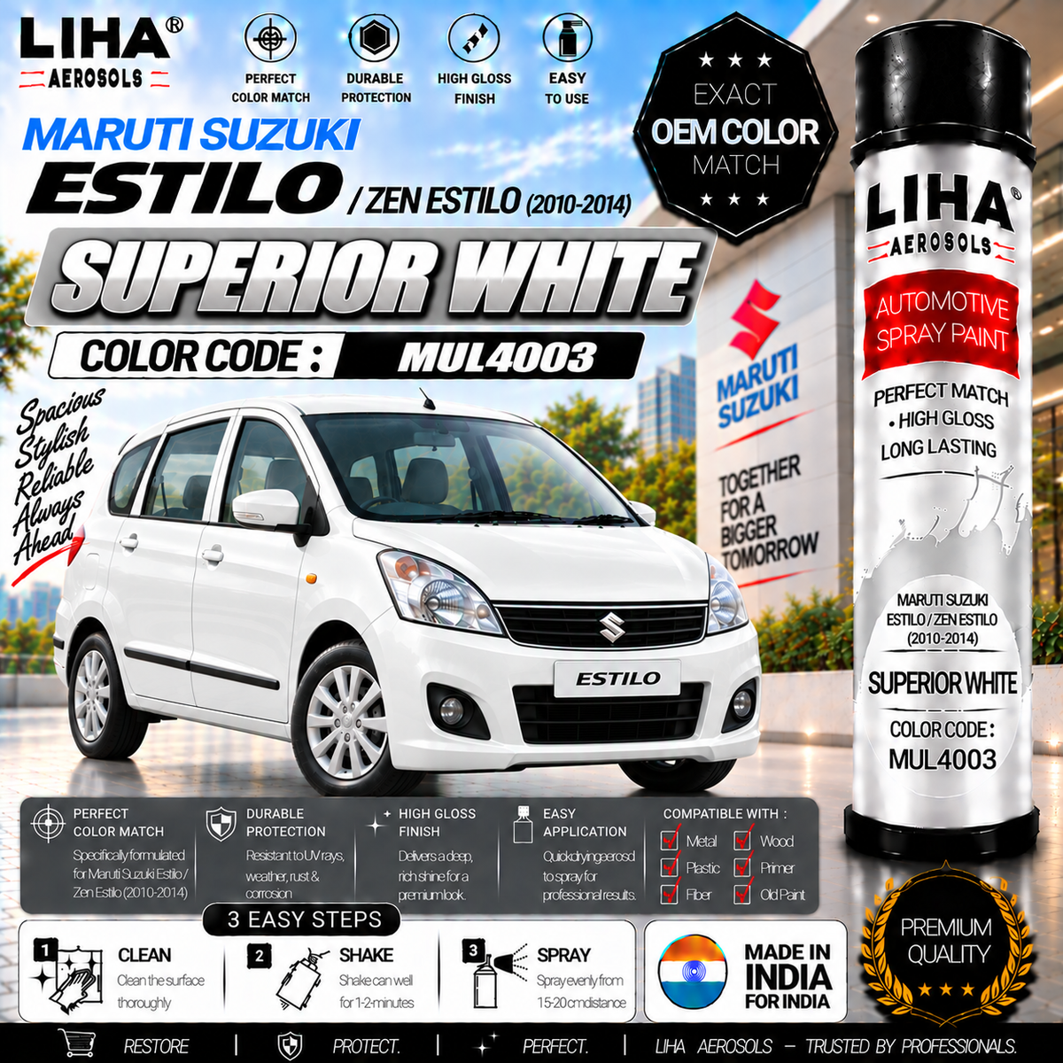 Maruti Suzuki Estilo / Zen Estilo Superior White Touch Up Spray Paint – OEM Color Match | LIHA Aerosols 500ml