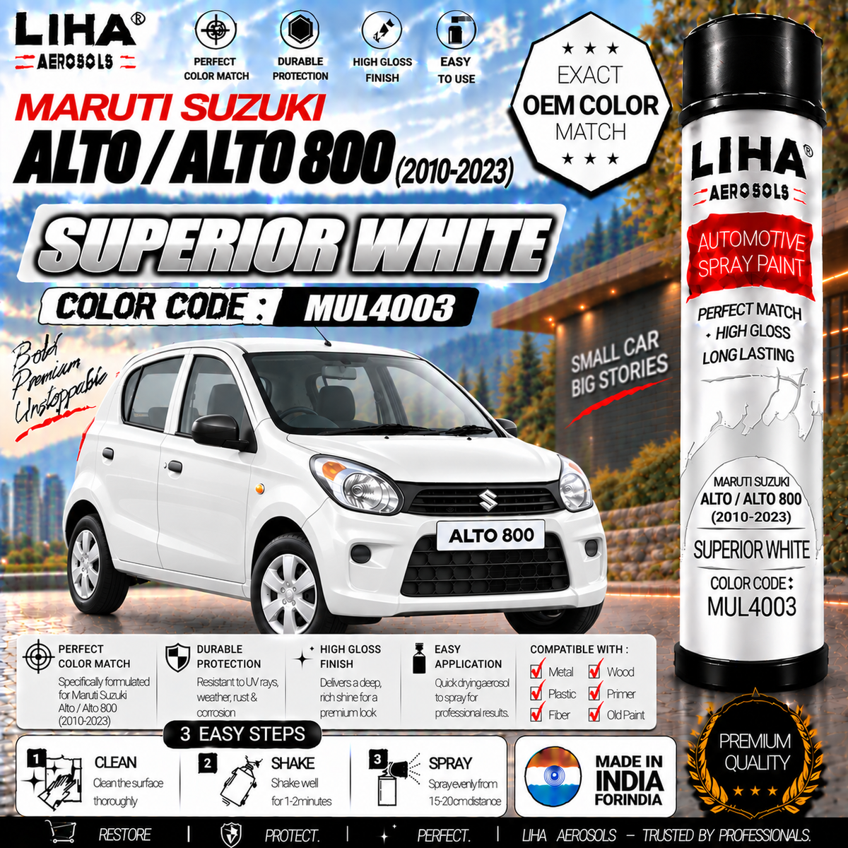 Maruti Suzuki Alto / Alto 800 Superior White Touch Up Spray Paint – OEM Color Match | LIHA Aerosols 500ml