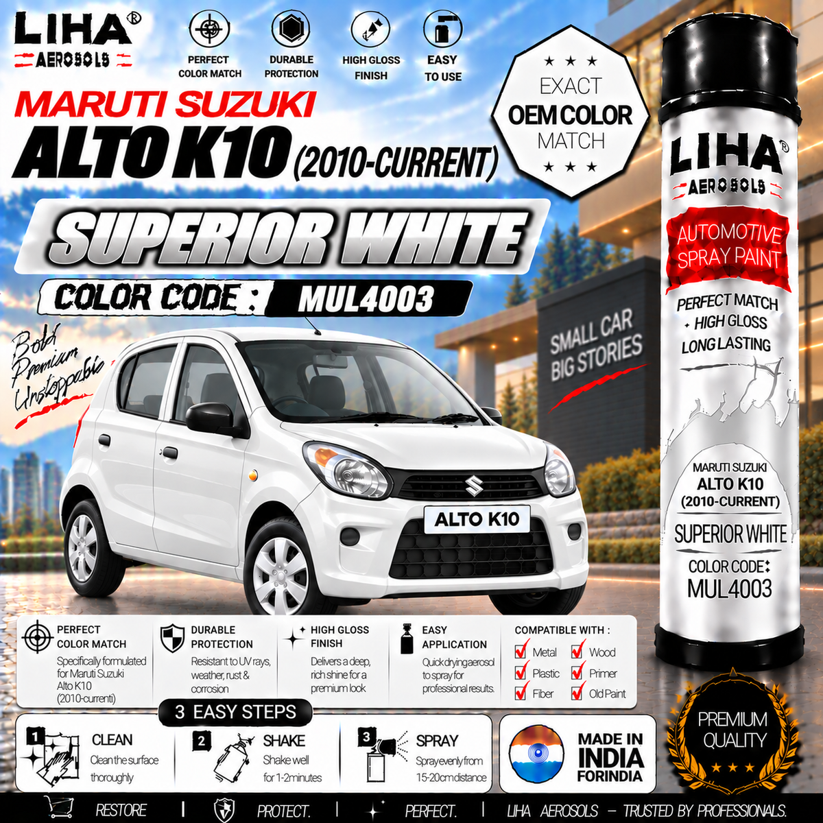 Maruti Suzuki Alto K10 Superior White Touch Up Spray Paint – OEM Color Match | LIHA Aerosols 500ml