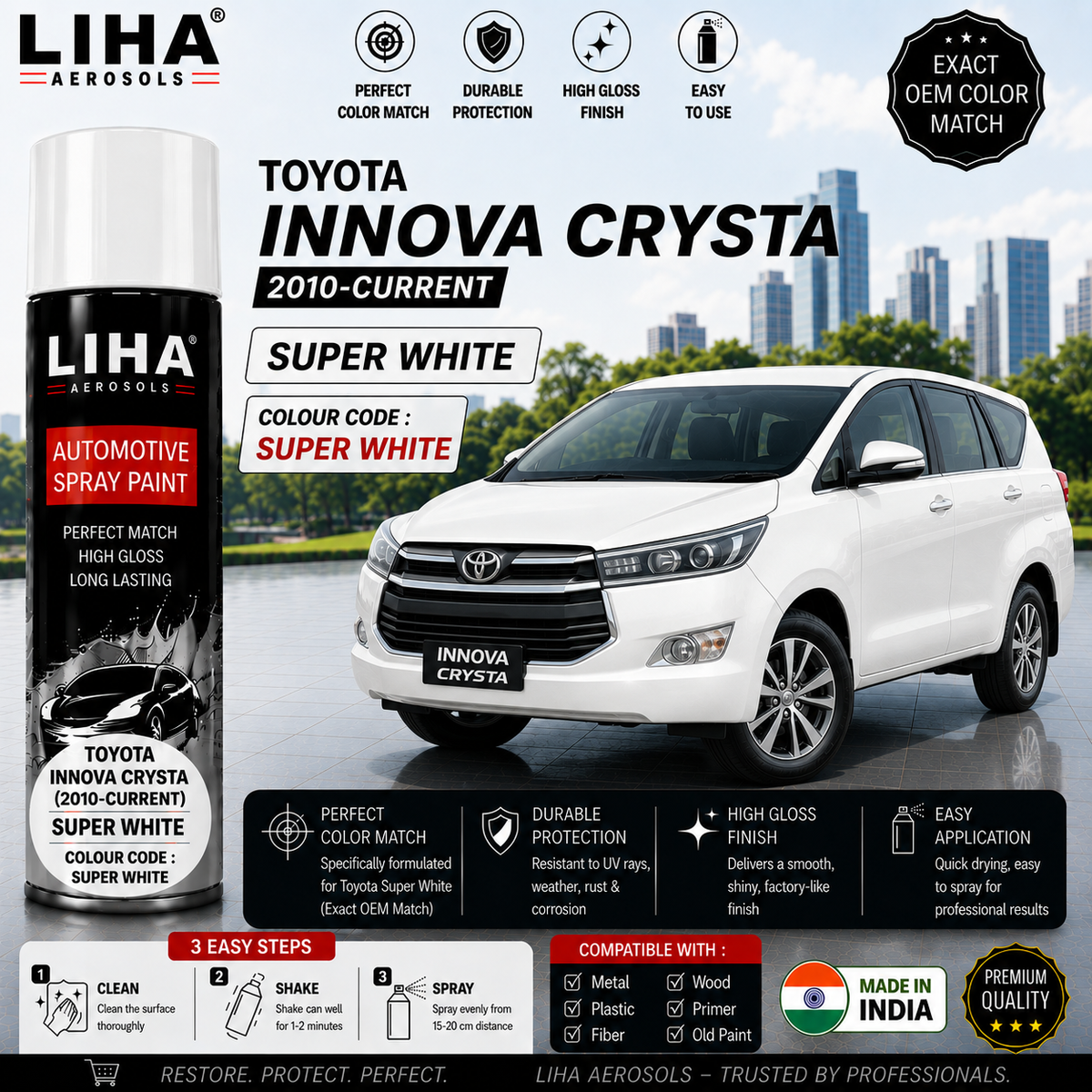 Toyota Innova Crysta Super White Touch Up Spray Paint – OEM Color Match | LIHA Aerosols 500ml