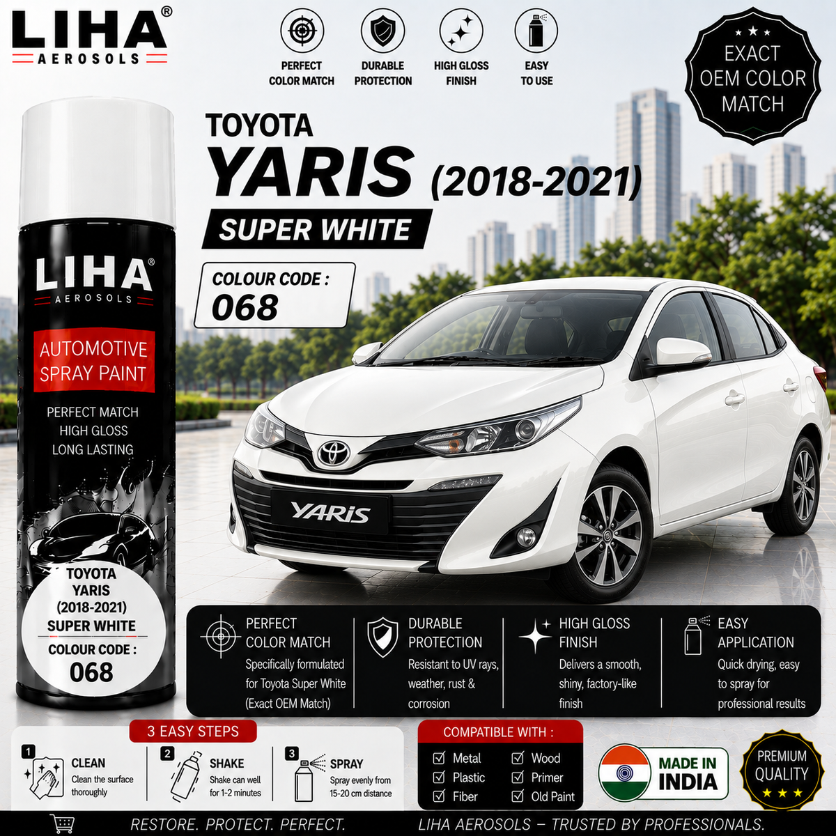 Toyota Yaris Super White Touch Up Spray Paint – OEM Color Match | LIHA Aerosols 500ml