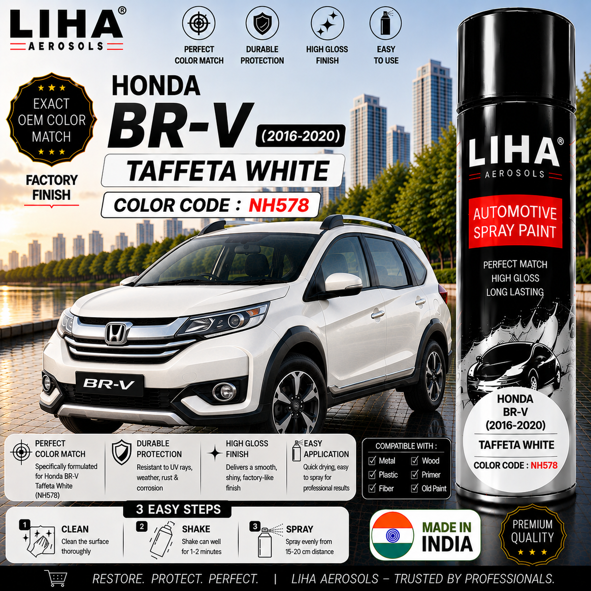 Honda BR-V Taffeta White Touch Up Spray Paint – OEM Color Match | LIHA Aerosols 500ml
