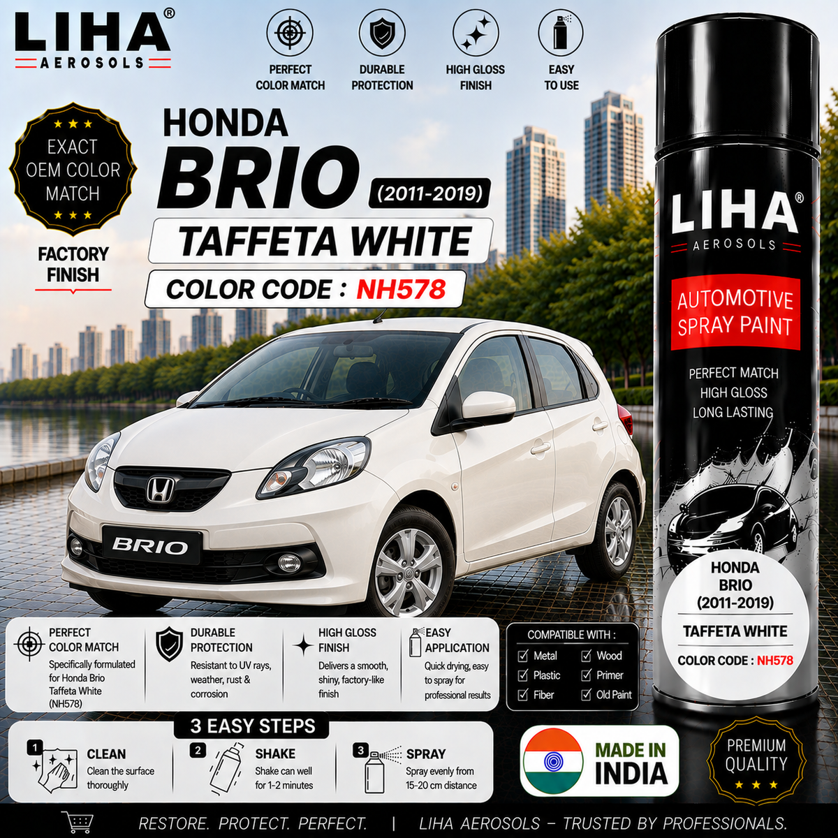 Honda Brio Taffeta White Touch Up Spray Paint – OEM Color Match | LIHA Aerosols 500ml