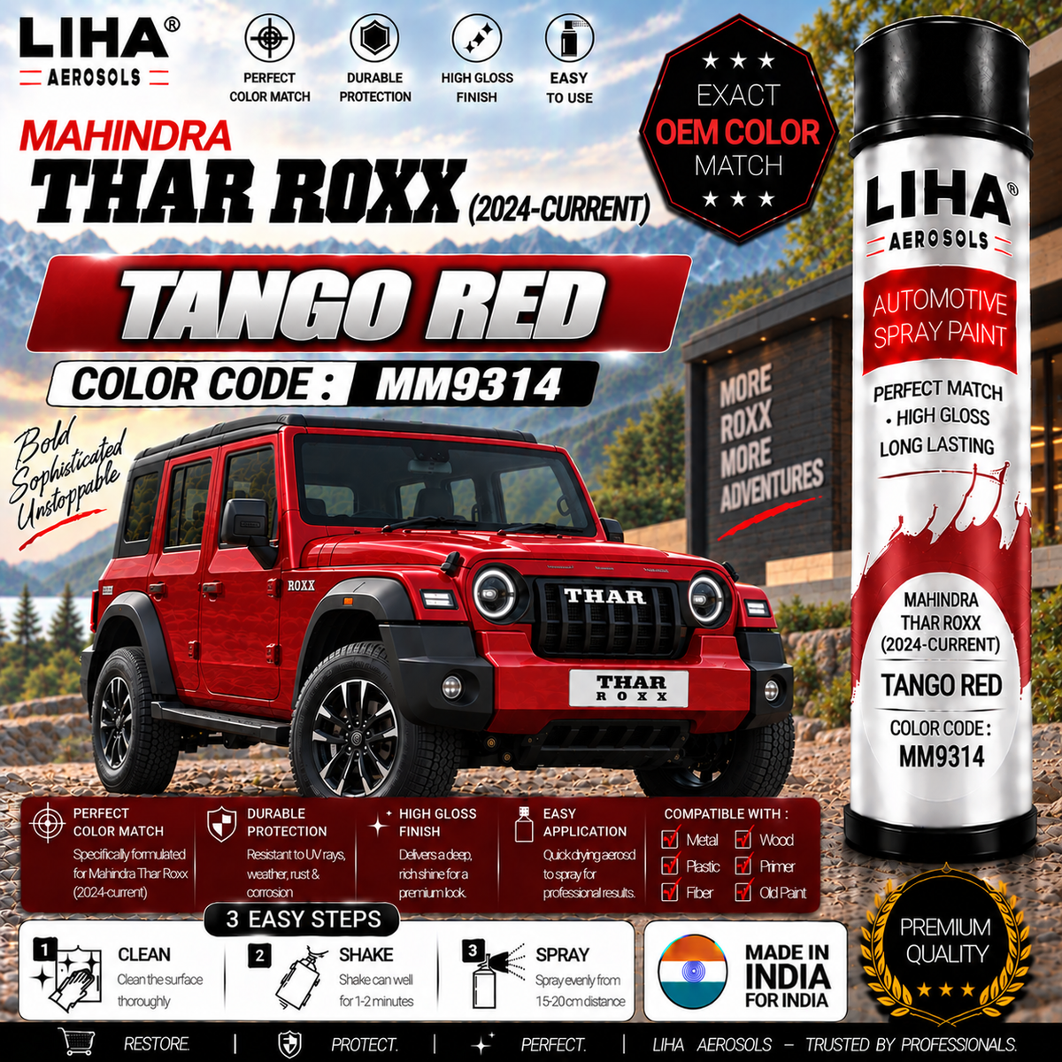 Mahindra Thar Roxx Tango Red Touch Up Spray Paint – OEM Color Match | LIHA Aerosols 500ml