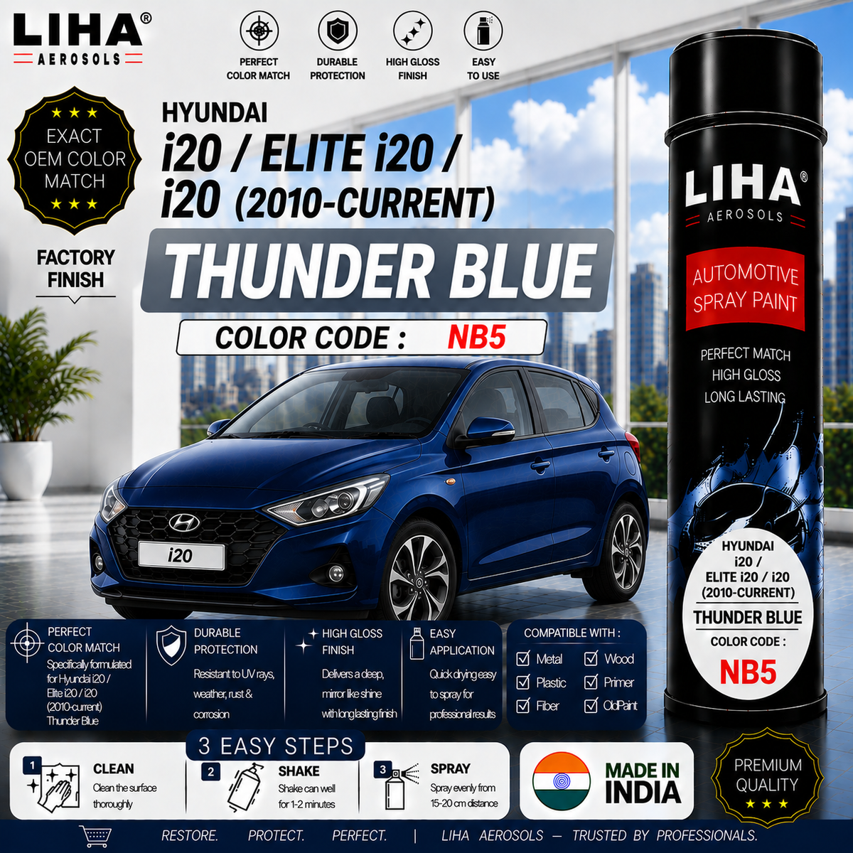 Hyundai i20 / Elite i20 / i20 Thunder Blue Touch Up Spray Paint – OEM Color Match | LIHA Aerosols 500ml