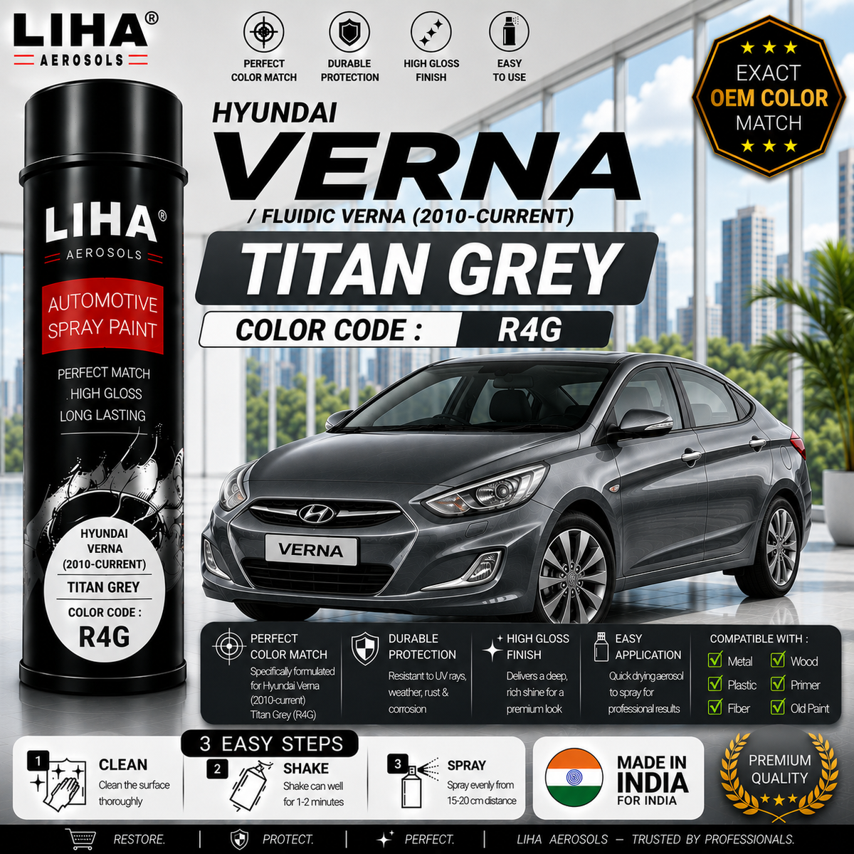 Hyundai Verna / Fluidic Verna Titan Grey Touch Up Spray Paint – OEM Color Match | LIHA Aerosols 500ml