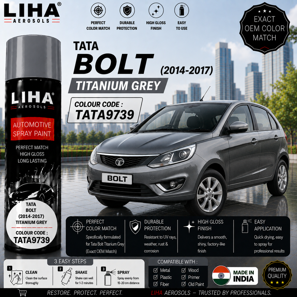 Tata Bolt Titanium Grey Touch Up Spray Paint – OEM Color Match | LIHA Aerosols 500ml