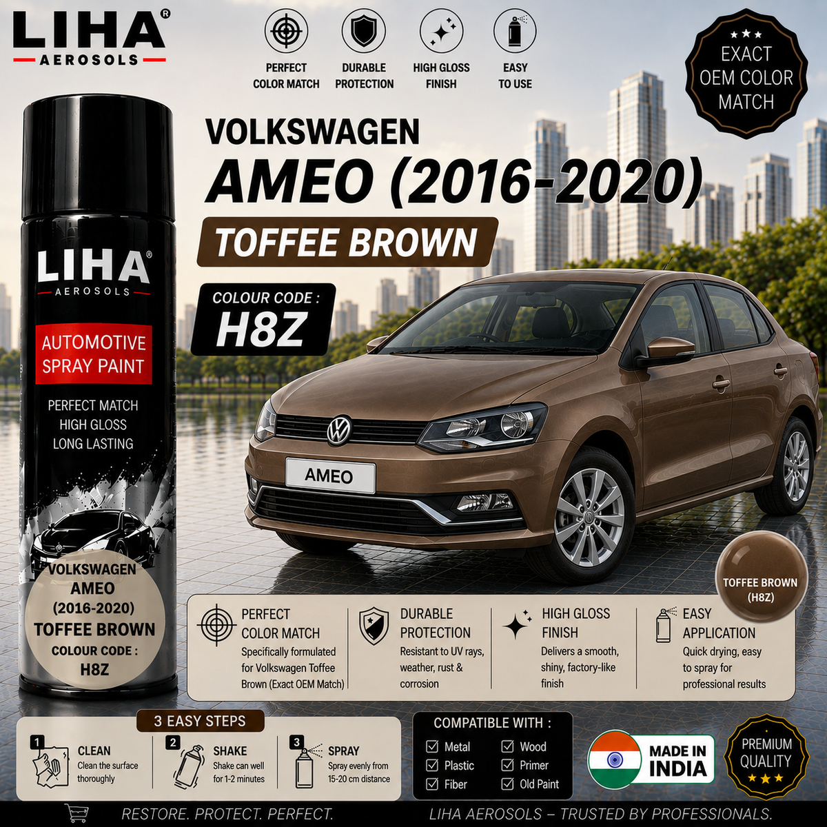 Volkswagen Ameo Toffee Brown Touch Up Spray Paint – OEM Color Match | LIHA Aerosols 500ml