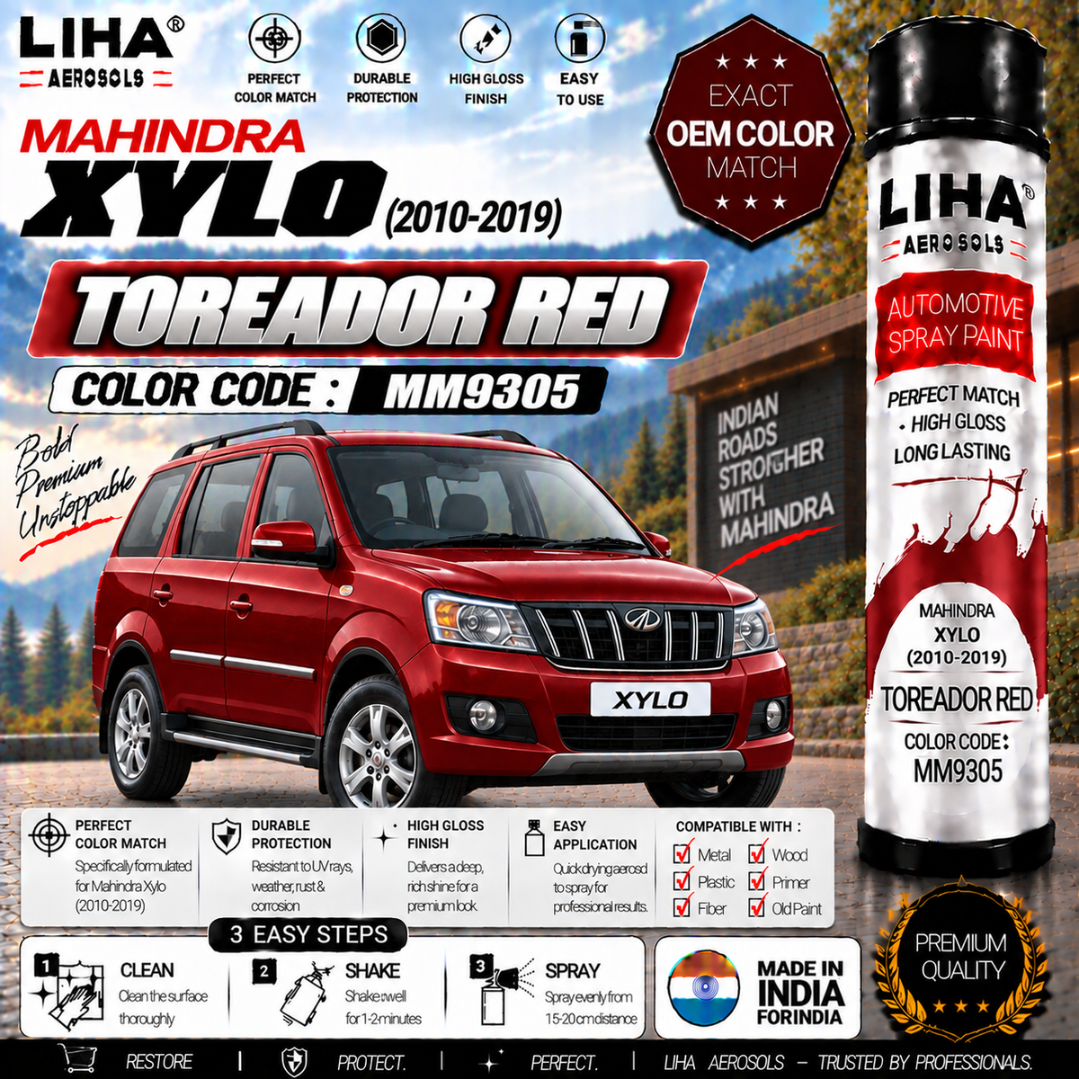 Mahindra Xylo Toreador Red Touch Up Spray Paint – OEM Color Match | LIHA Aerosols 500ml