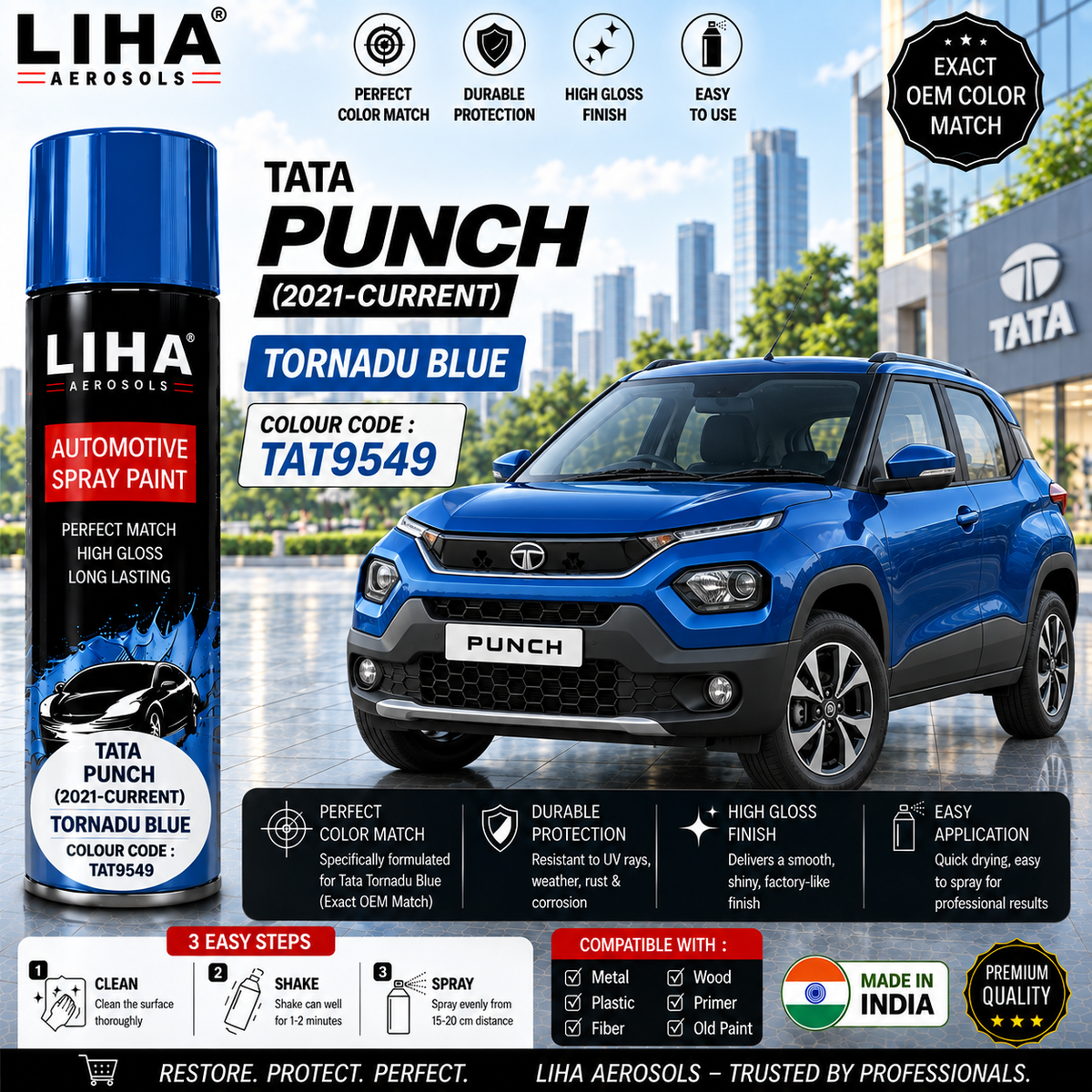 Tata Punch Tornado Blue Touch Up Spray Paint – OEM Color Match | LIHA Aerosols 500ml