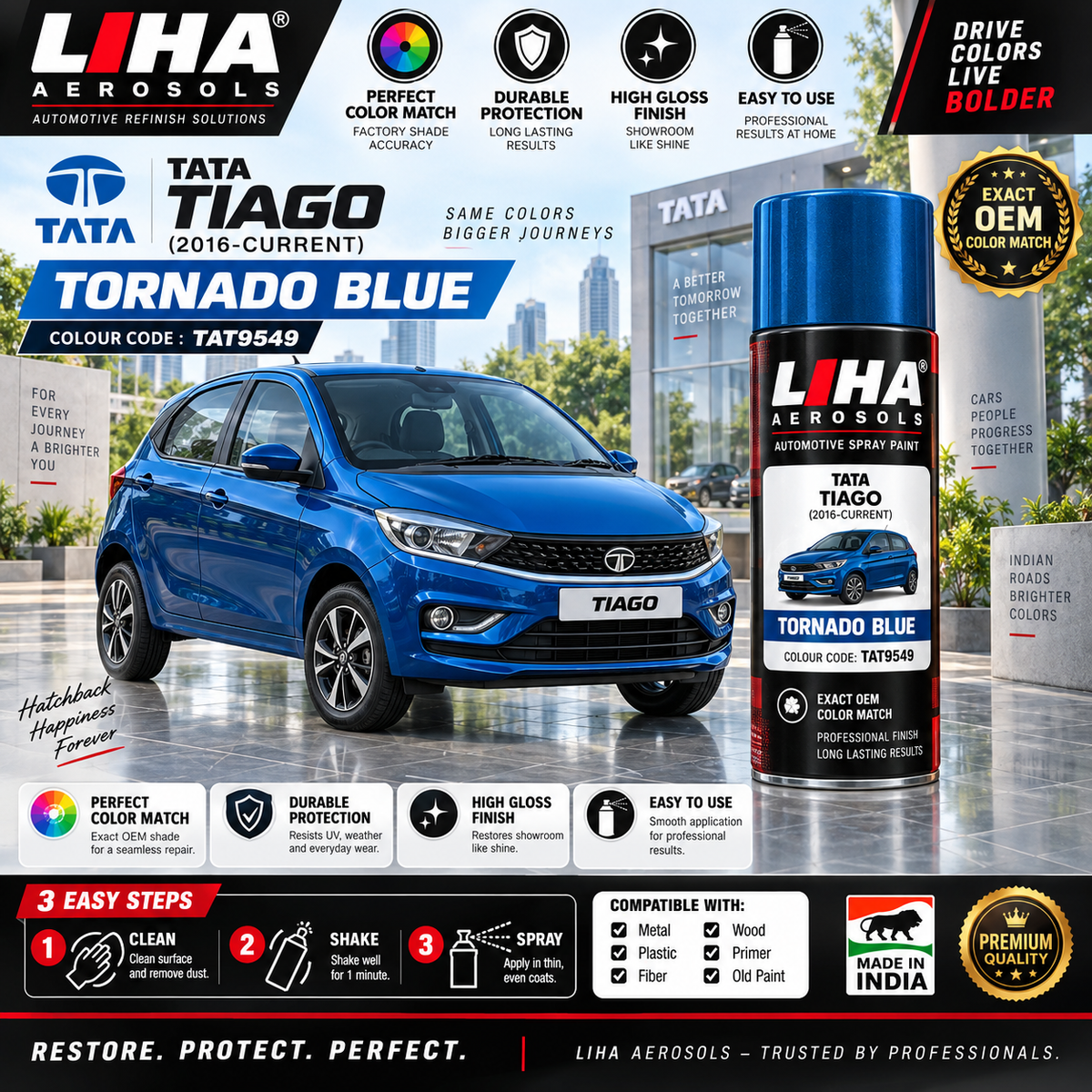 Tata Tiago Tornado Blue Touch Up Spray Paint – OEM Color Match | LIHA Aerosols 500ml