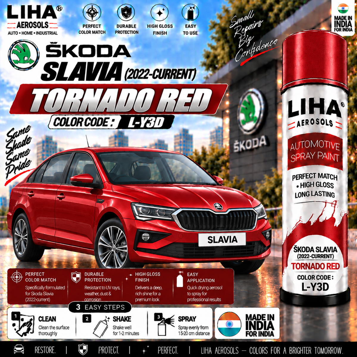 Skoda Slavia Tornado Red Touch Up Spray Paint – OEM Color Match | LIHA Aerosols 500ml