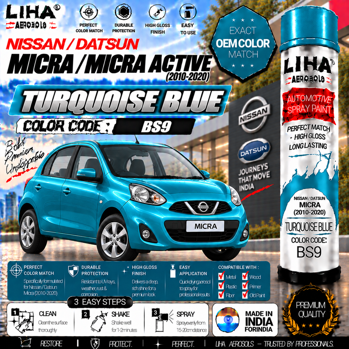 Nissan Micra / Micra Active Turquoise Blue Touch Up Spray Paint – OEM Color Match | LIHA Aerosols 500ml