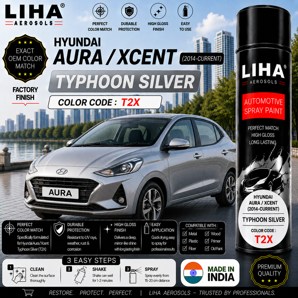 Hyundai Aura / Xcent Typhoon Silver Touch Up Spray Paint – OEM Color Match | LIHA Aerosols 500ml