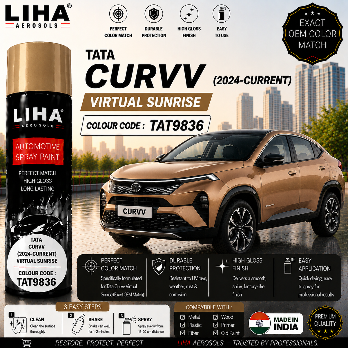Tata Curvv Virtual Sunrise Touch Up Spray Paint – OEM Color Match | LIHA Aerosols 500ml