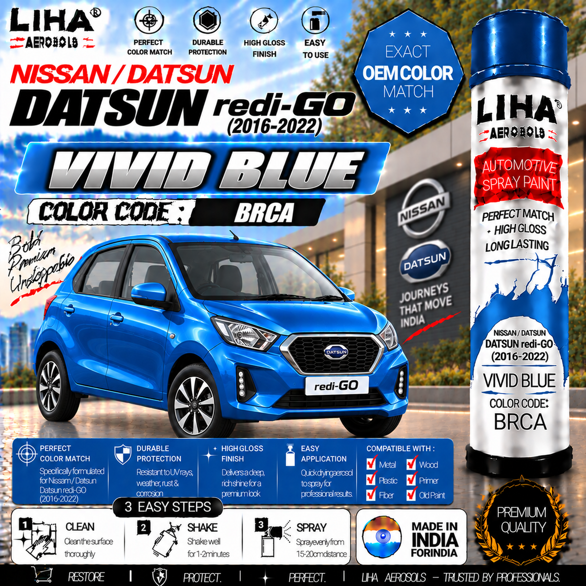 Datsun redi-GO Vivid Blue Touch Up Spray Paint – OEM Color Match | LIHA Aerosols 500ml