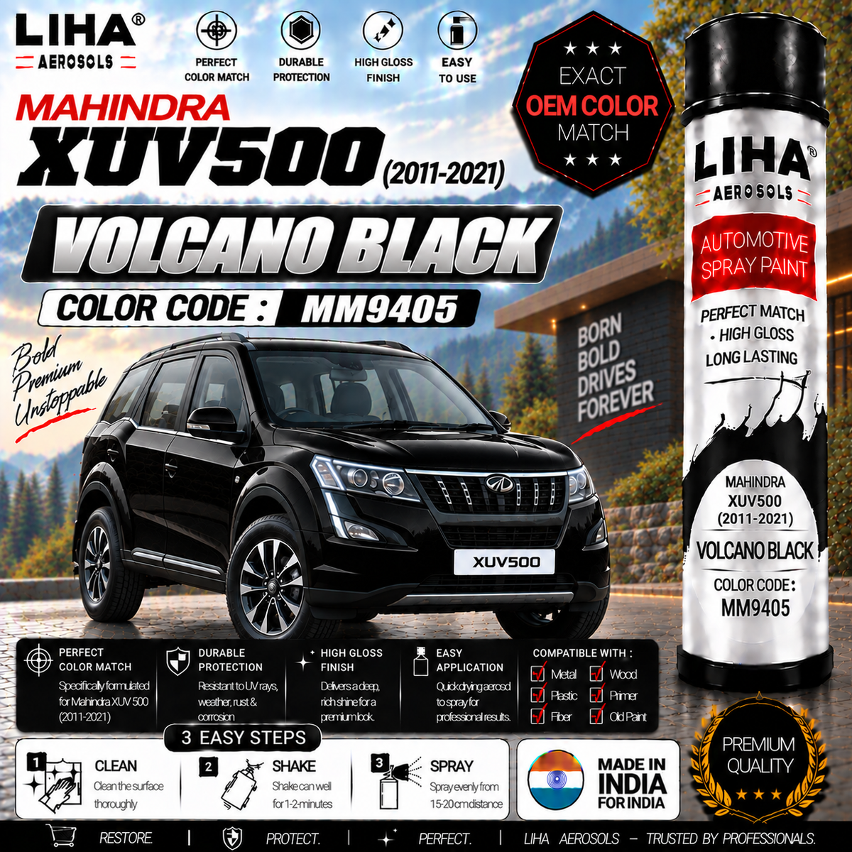 Mahindra XUV500 Volcano Black Touch Up Spray Paint – OEM Color Match | LIHA Aerosols 500ml