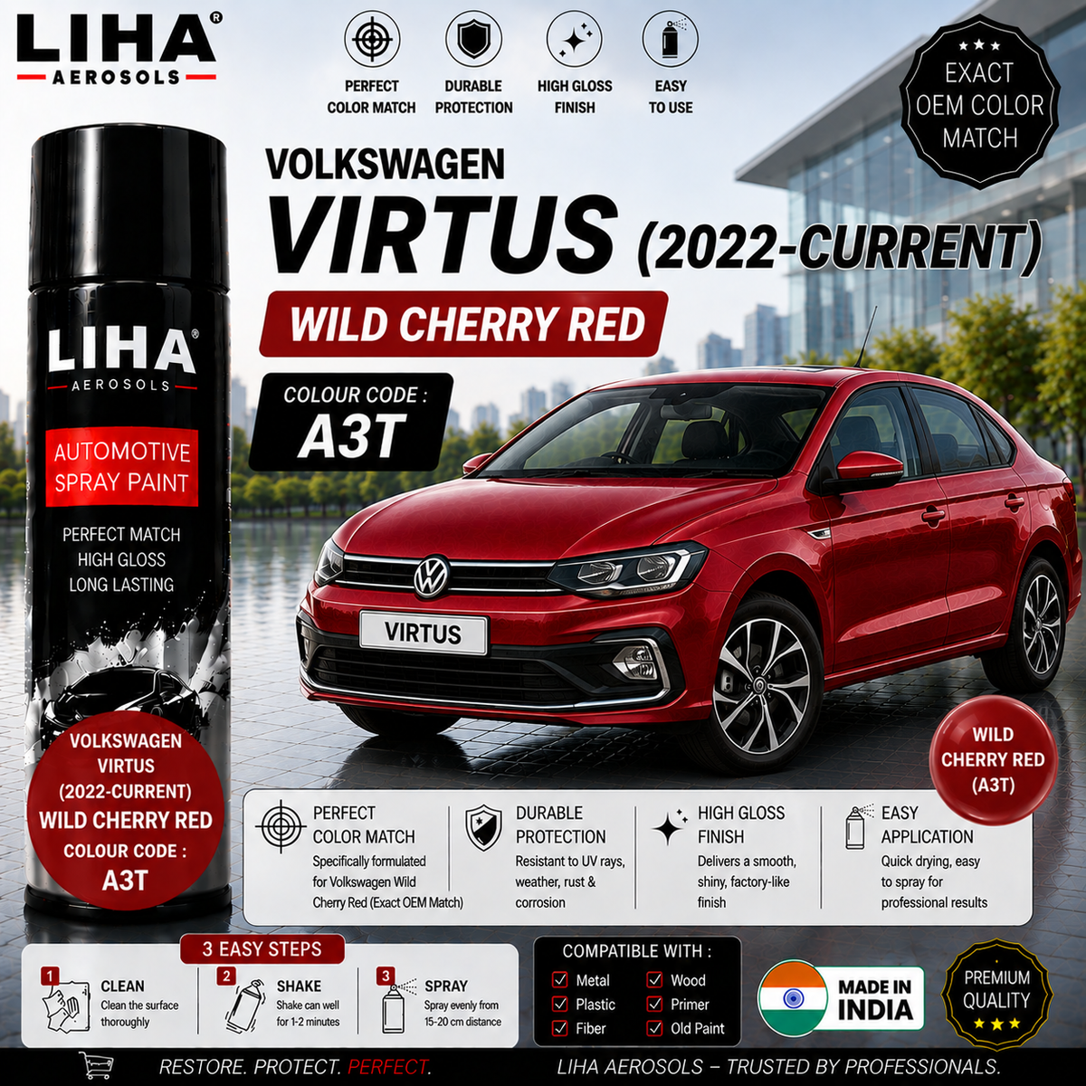 Volkswagen Virtus Wild Cherry Red Touch Up Spray Paint – OEM Color Match | LIHA Aerosols 500ml