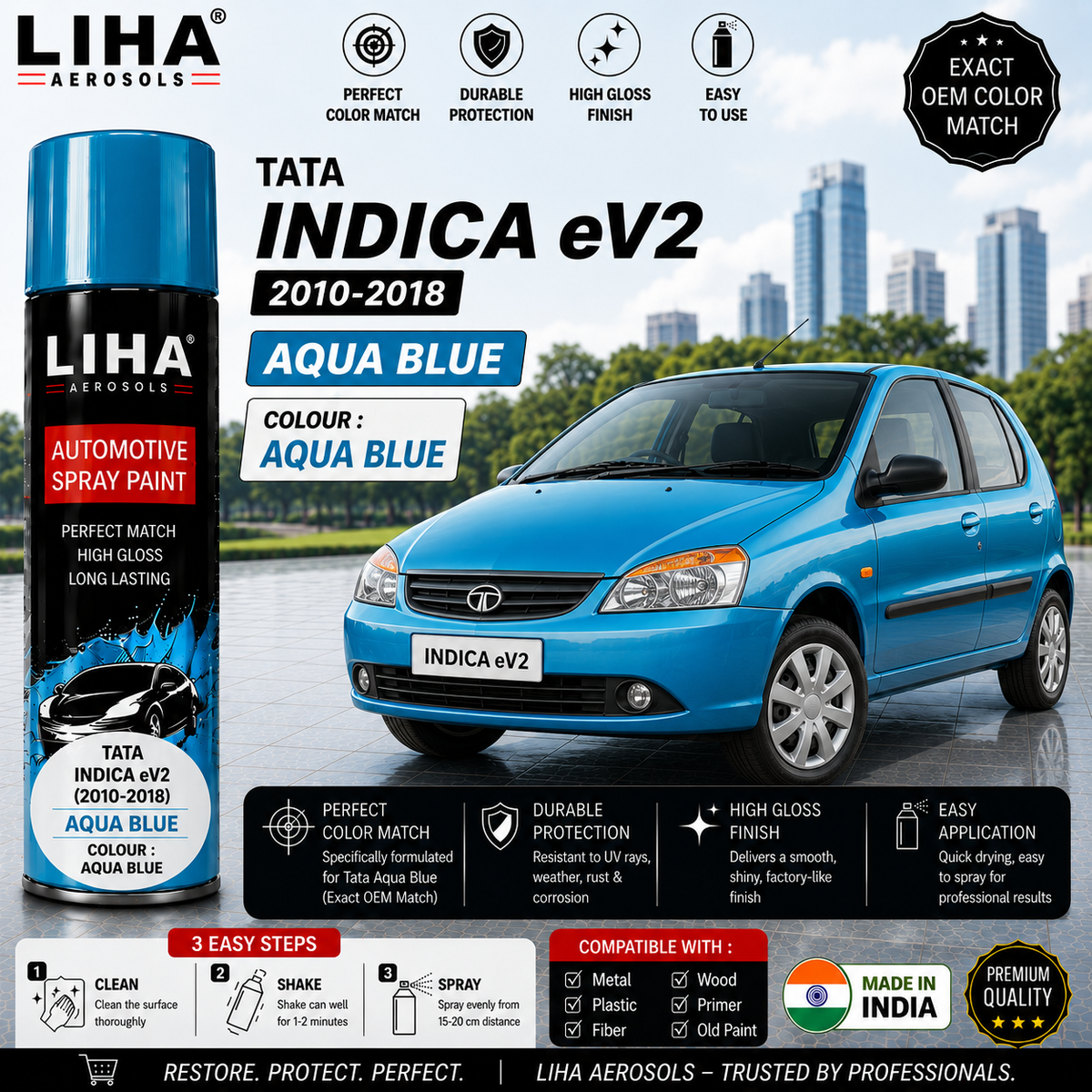 Tata Indica eV2 Aqua Blue Touch Up Spray Paint – OEM Color Match | LIHA Aerosols 500ml