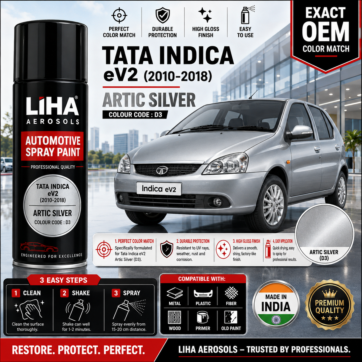 Tata Indica eV2 Arctic Silver Touch Up Spray Paint – OEM Color Match | LIHA Aerosols 500ml