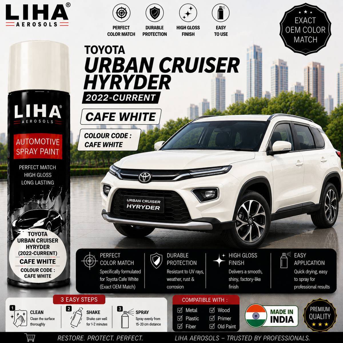 Toyota Urban Cruiser Hyryder Cafe White Touch Up Spray Paint – OEM Color Match | LIHA Aerosols 500ml