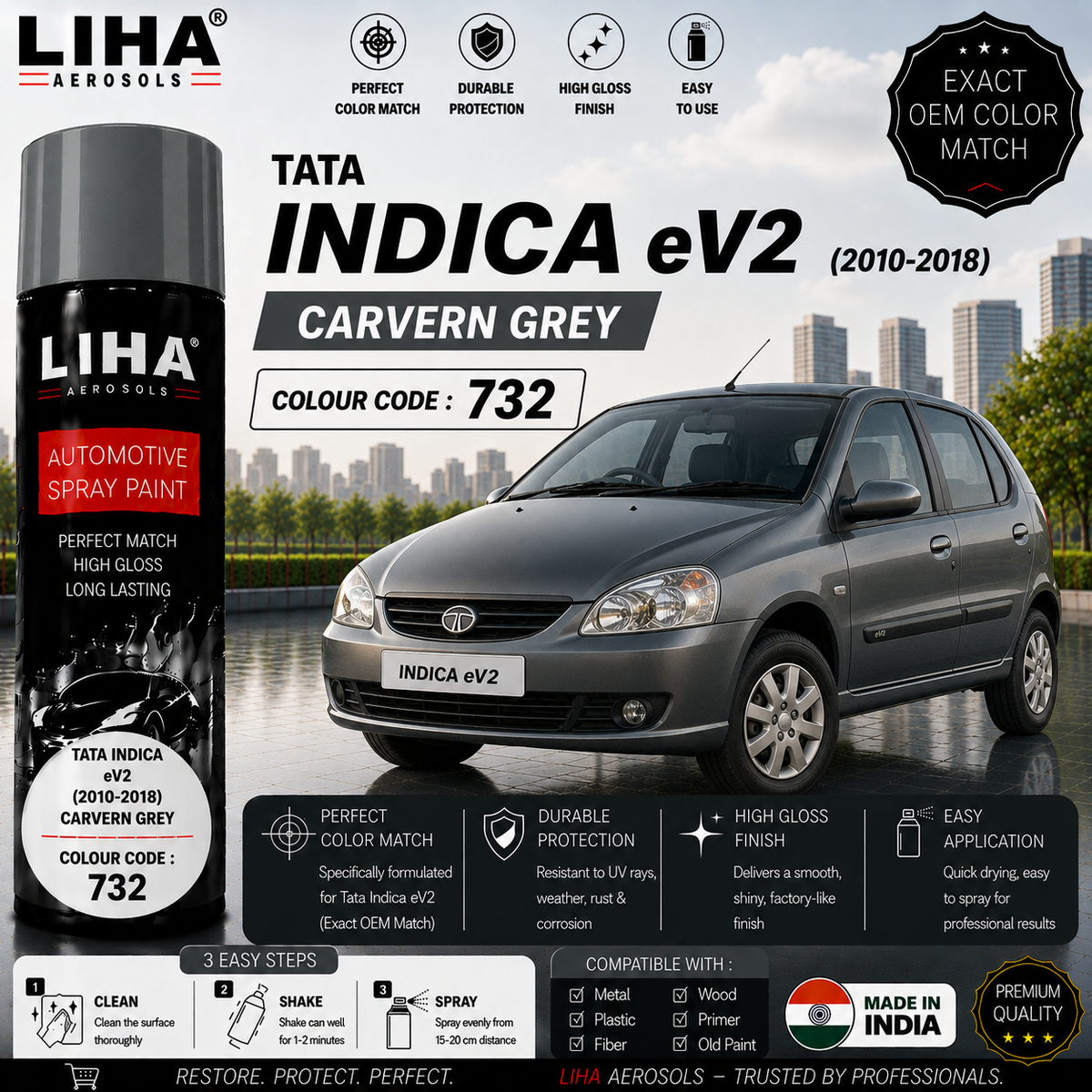 Tata Indica eV2 Cavern Grey Touch Up Spray Paint – OEM Color Match | LIHA Aerosols 500ml