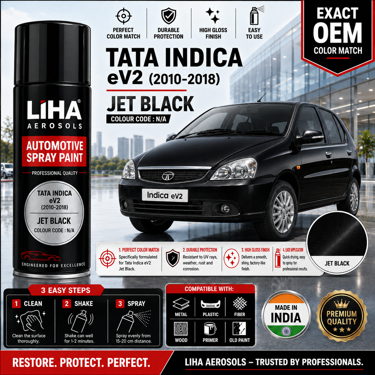 Tata Indica eV2 Jet Black Touch Up Spray Paint – OEM Color Match | LIHA Aerosols 500ml