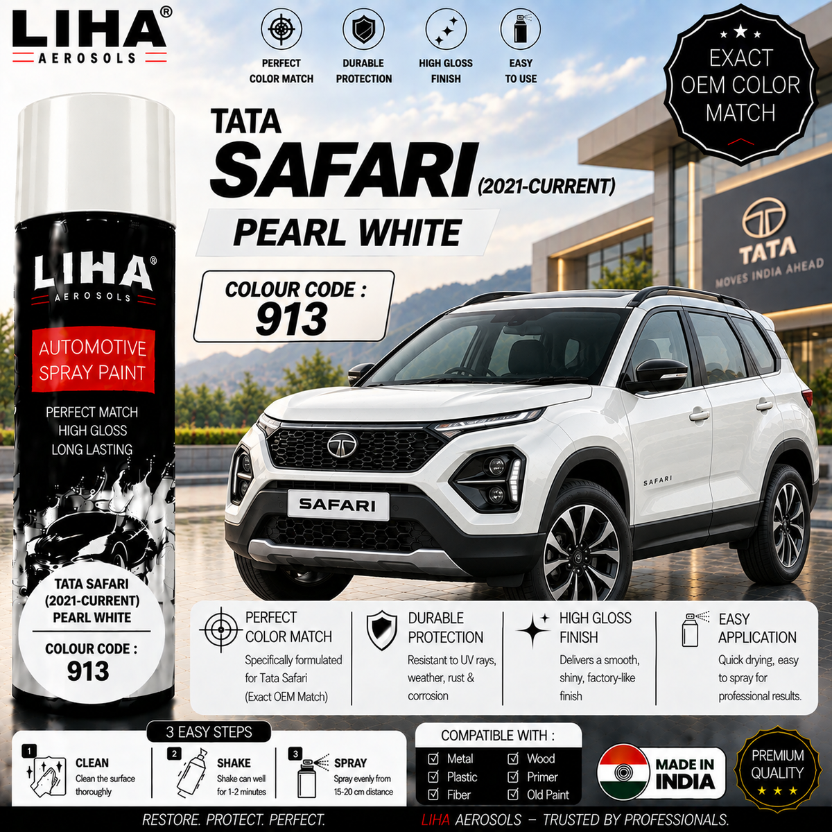 Tata Safari Pearl White Touch Up Spray Paint – OEM Color Match | LIHA Aerosols 500ml