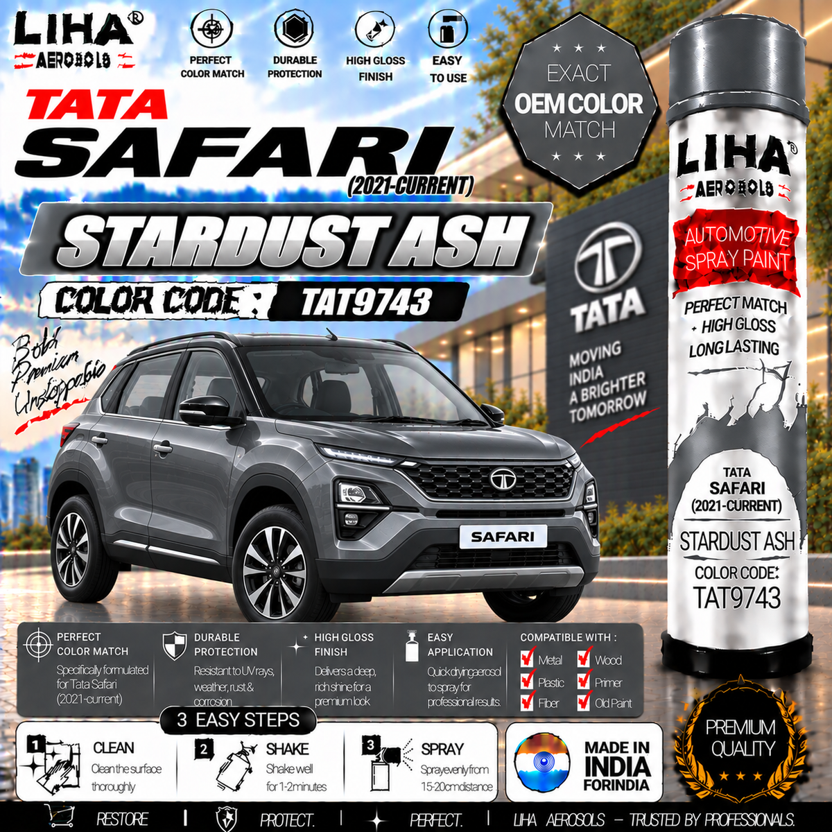 Tata Safari Stardust Ash Touch Up Spray Paint – OEM Color Match | LIHA Aerosols 500ml