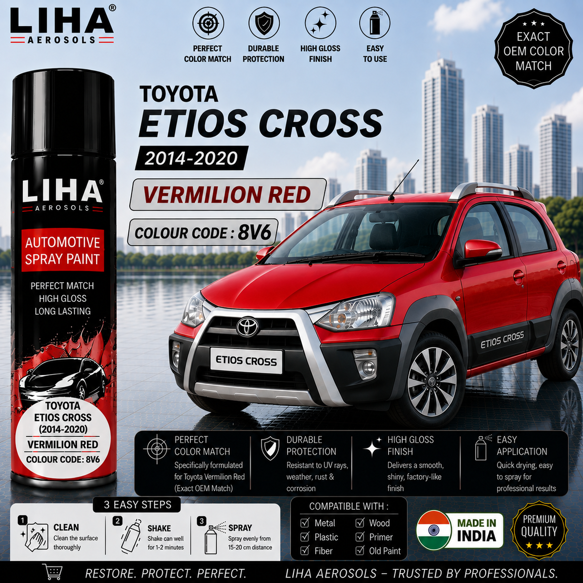 Toyota Etios Cross Vermilion Red Touch Up Spray Paint – OEM Color Match | LIHA Aerosols 500ml