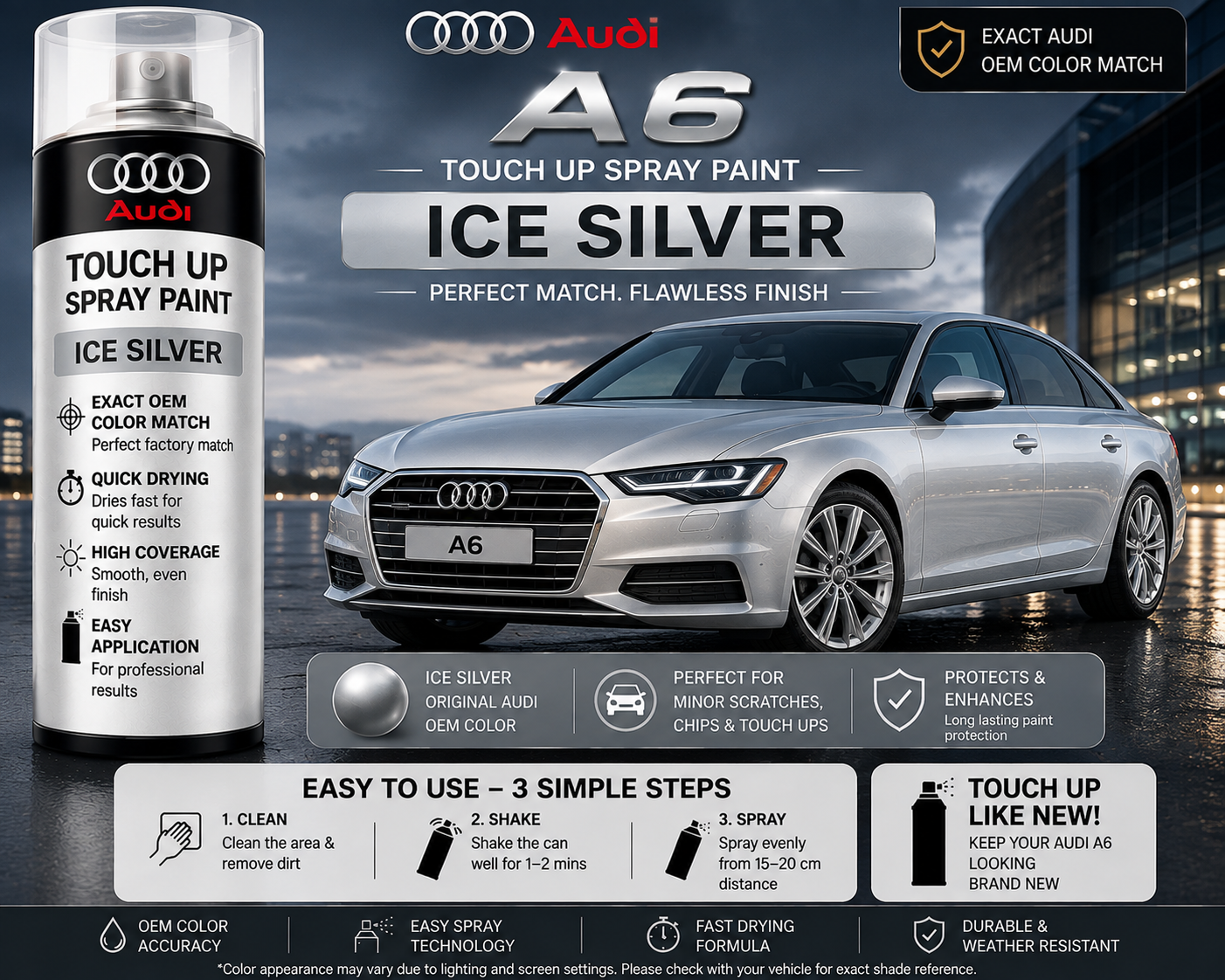 Audi A6 Ice Silver Touch Up Spray Paint – OEM Color Match | LIHA Aerosols 500ml