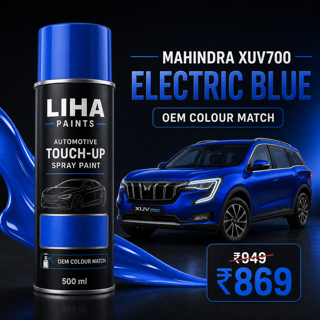 Mahindra XUV700 Electric Blue Touch Up Spray Paint – OEM Color Match | LIHA Aerosols 500ml