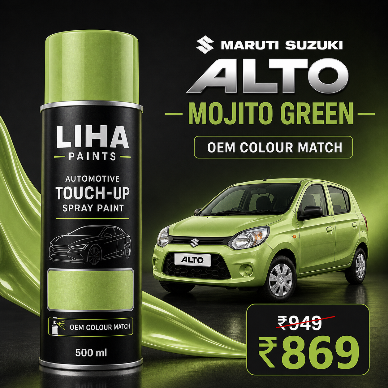 Maruti Suzuki Alto Mojito Green Touch Up Spray Paint – OEM Color Match | LIHA Aerosols 500ml