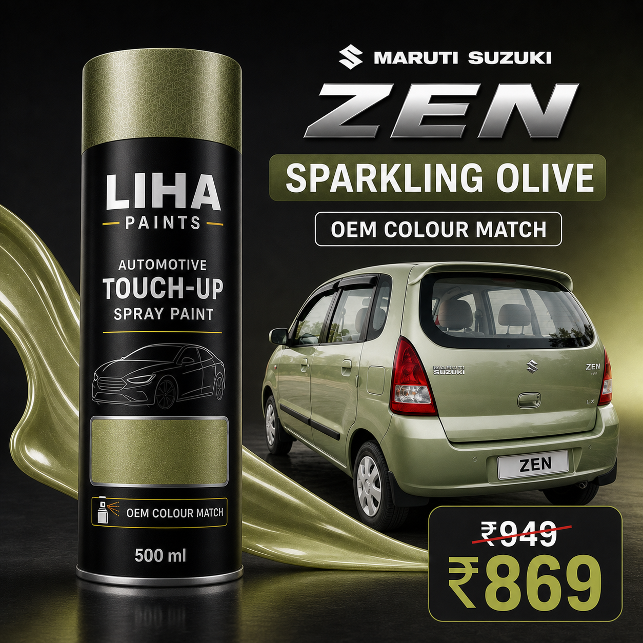 Maruti Suzuki Zen Sparkling Olive Touch Up Spray Paint – OEM Color Match | LIHA Aerosols 500ml
