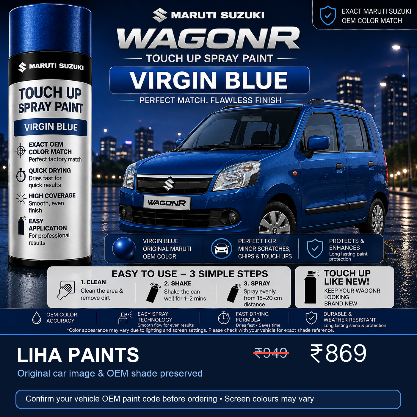 LIHA OEM colour match car spray paint for Maruti Suzuki Wagon R